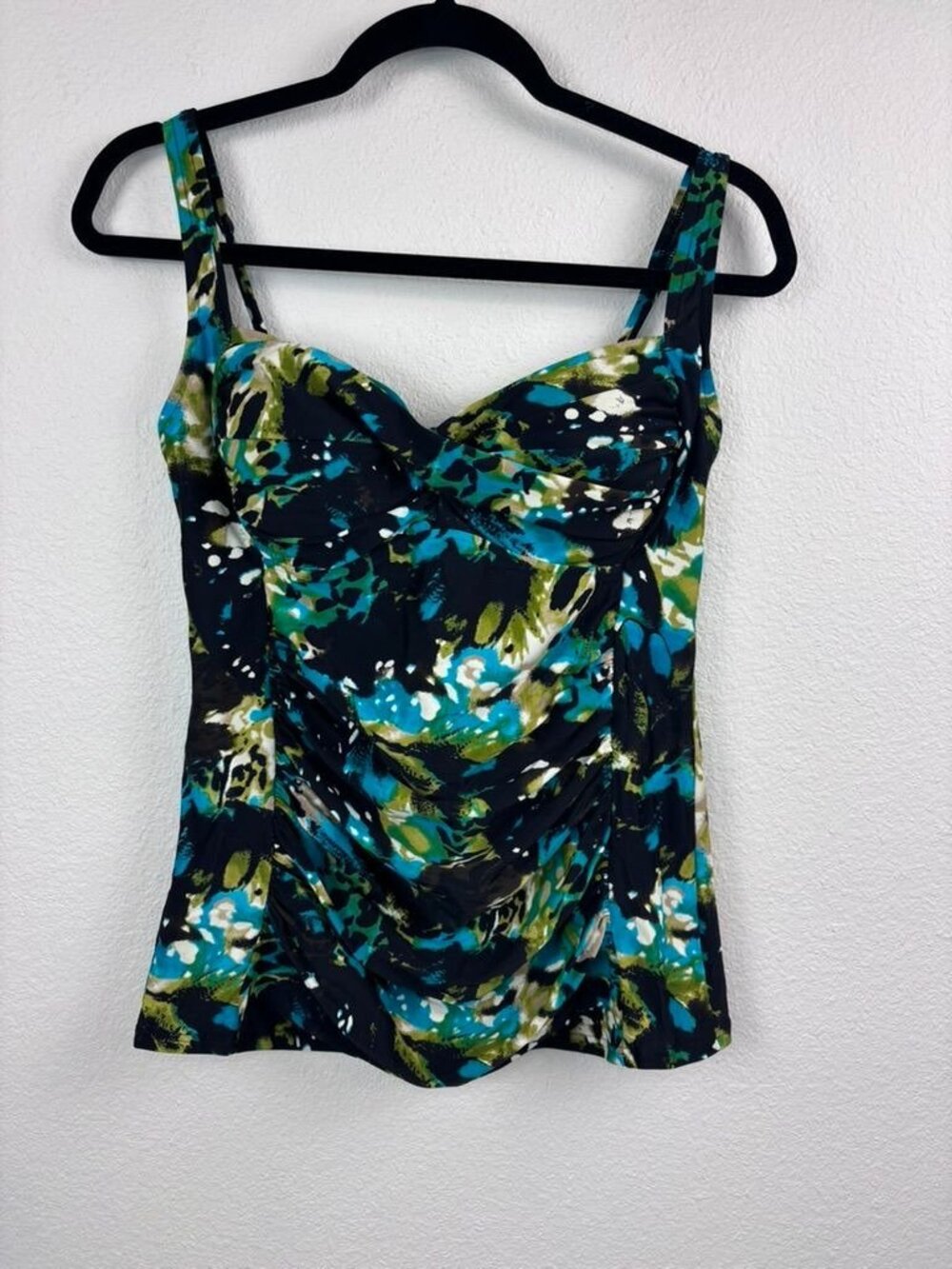 Sunsets women's large black green patterned tankini top swimwear ruched slimming